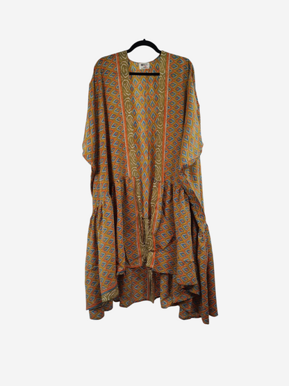 She Lives Beauty Winds of the Ancestors kimono in vintage Rasgulla silk with a flowing silhouette and earthy patterns.
