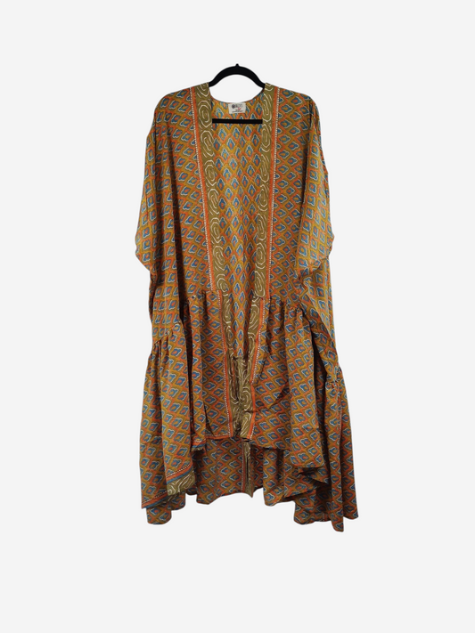 She Lives Beauty Winds of the Ancestors kimono in vintage Rasgulla silk with a flowing silhouette and earthy patterns.