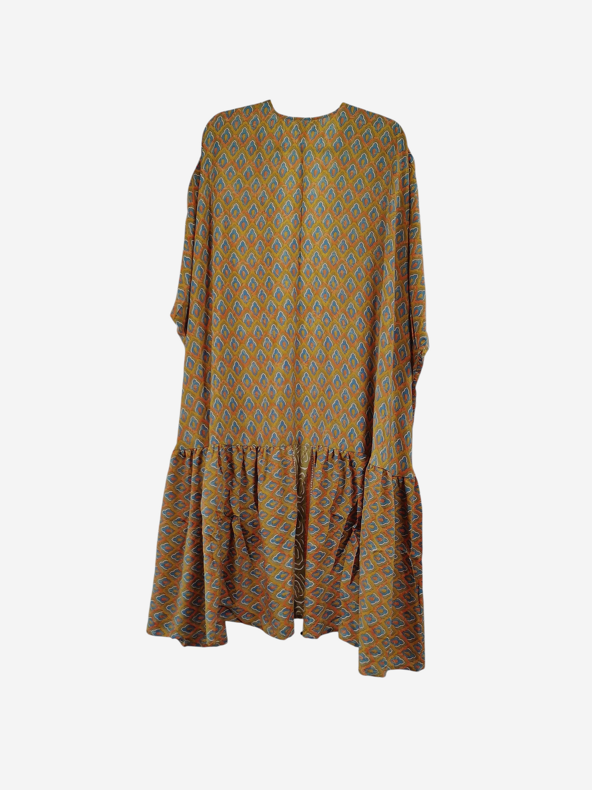 She Lives Beauty Winds of the Ancestors kimono in yellow and blue patterned vintage Rasgulla silk with a drop hem