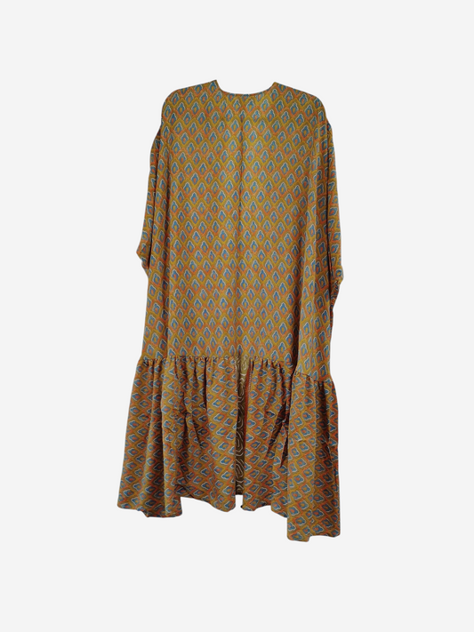 She Lives Beauty Winds of the Ancestors kimono in yellow and blue patterned vintage Rasgulla silk with a drop hem