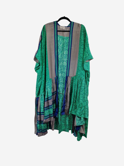 She Lives Beauty Winds of the Ancestors kimono in green and tan vintage Rasgulla silk with a flowing draped fit.