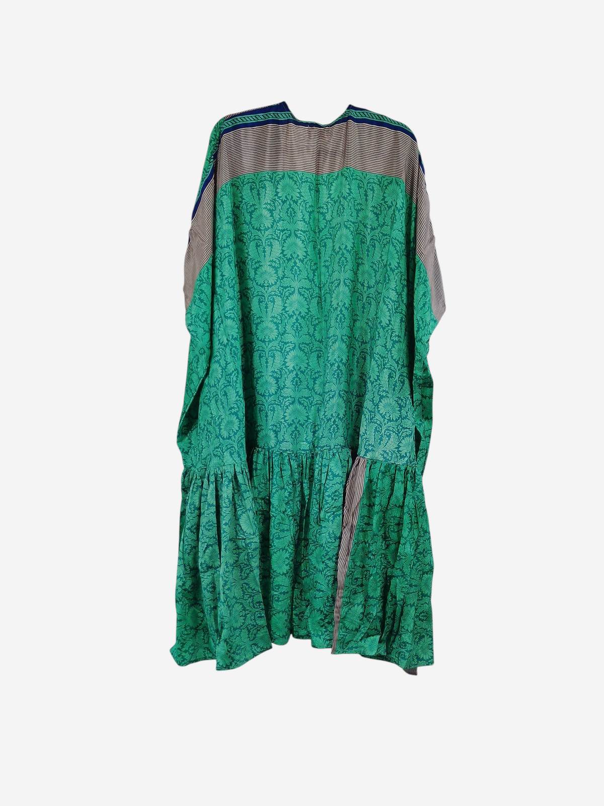She Lives Beauty Winds of the Ancestors kimono in green vintage Rasgulla silk with a flowing tiered silhouette.