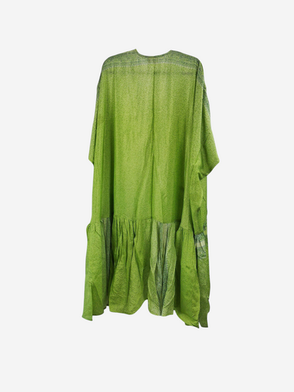 She Lives Beauty Winds of the Ancestors kimono in lime green vintage Rasgulla silk with a flowing tiered silhouette.