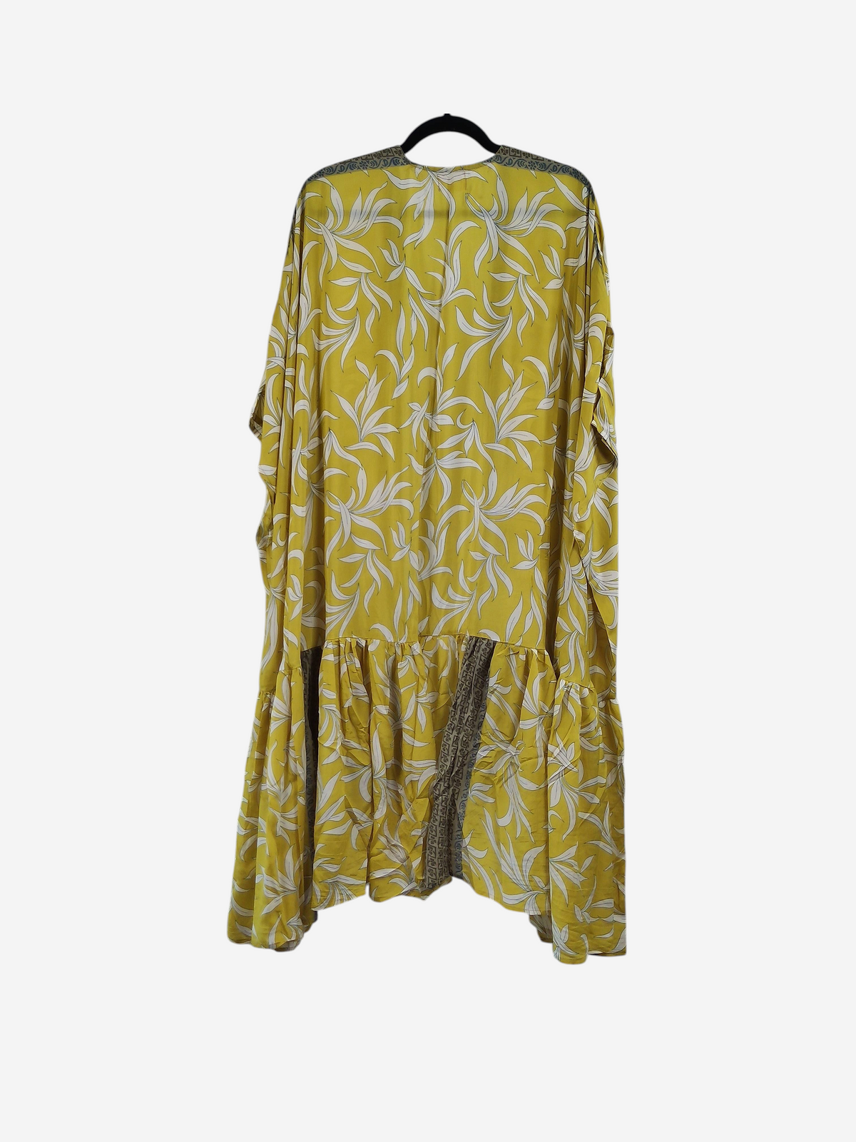 She Lives Beauty Winds of the Ancestors kimono in yellow vintage Rasgulla silk with white leaf print and tiered hem