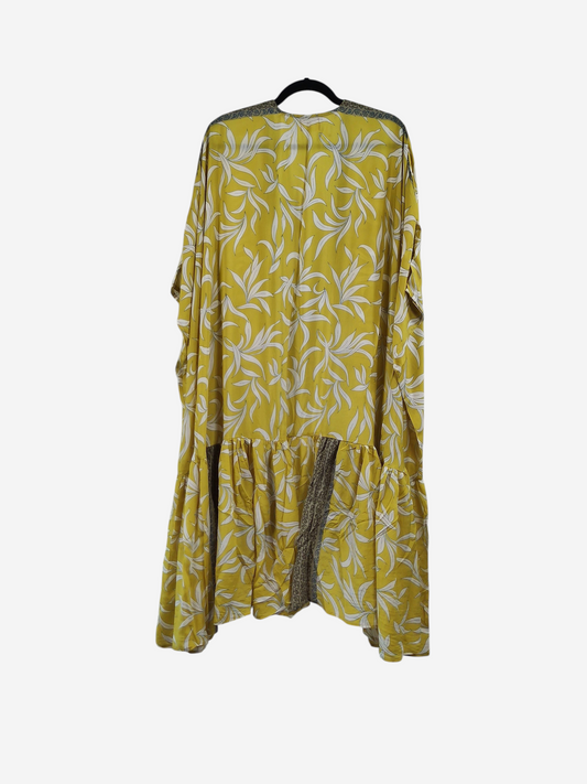 She Lives Beauty Winds of the Ancestors kimono in yellow vintage Rasgulla silk with white leaf print and tiered hem