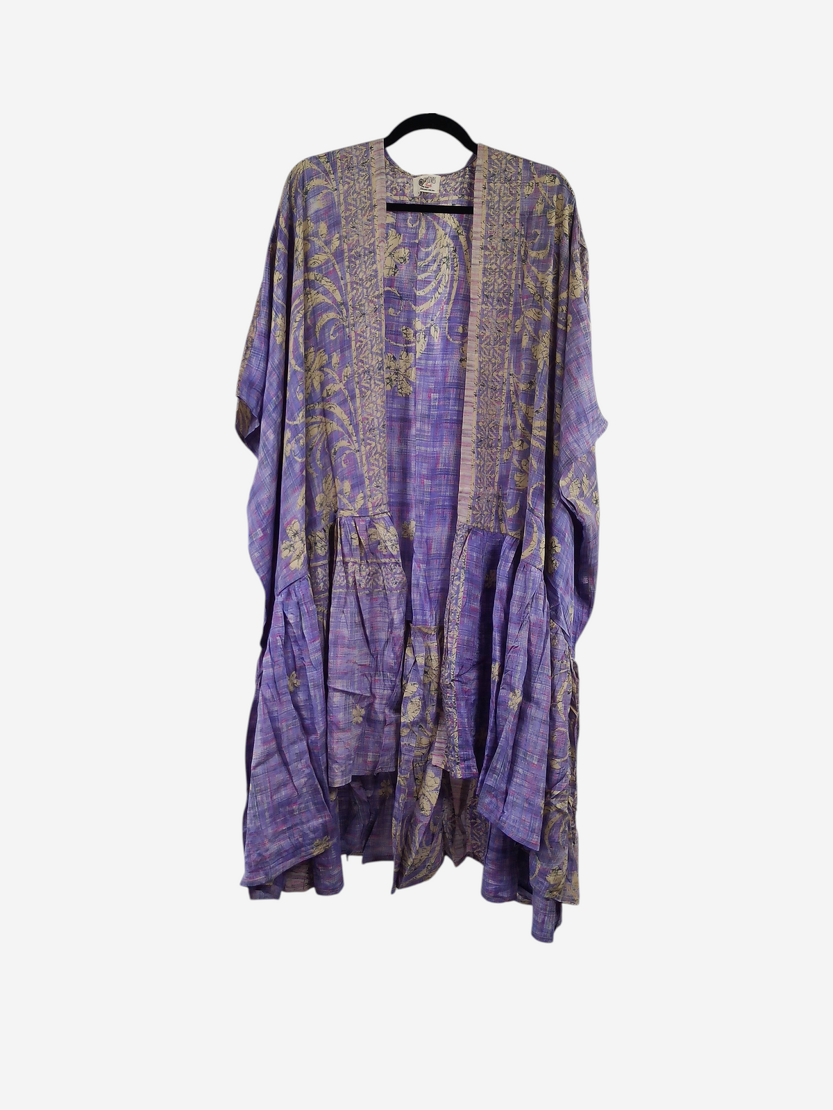 She Lives Beauty Winds of the Ancestors kimono in purple vintage Rasgulla silk with intricate floral patterns