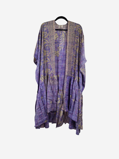 She Lives Beauty Winds of the Ancestors kimono in purple vintage Rasgulla silk with intricate floral patterns