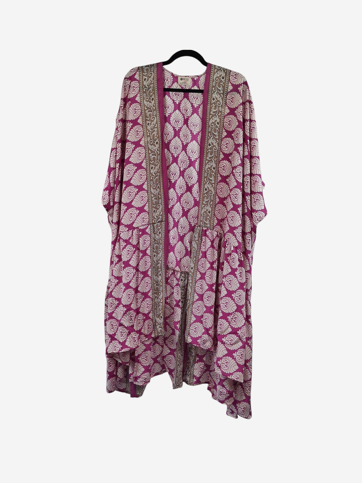 She Lives Beauty Winds of the Ancestors kimono in magenta and cream vintage Rasgulla silk with intricate patterns