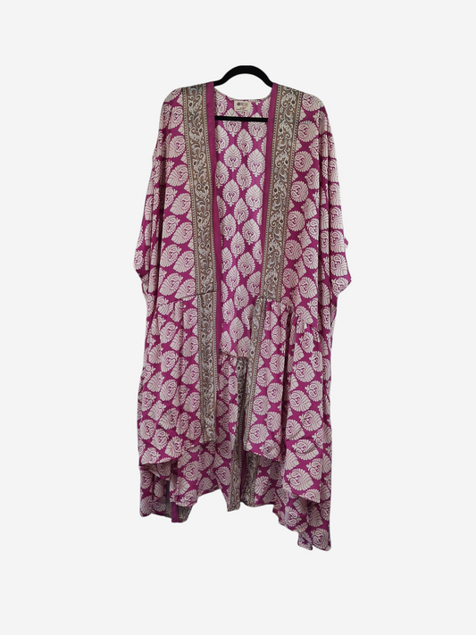 She Lives Beauty Winds of the Ancestors kimono in magenta and cream vintage Rasgulla silk with intricate patterns