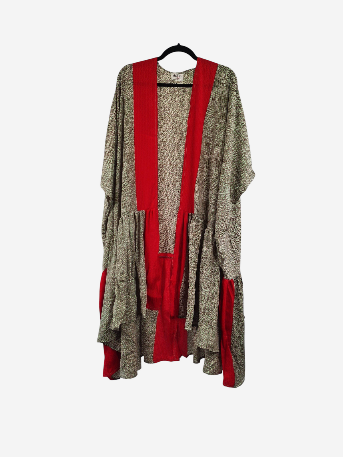 She Lives Beauty Winds of the Ancestors kimono in vintage rasgulla silk with red and patterned beige fabric panels