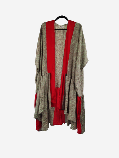 She Lives Beauty Winds of the Ancestors kimono in vintage rasgulla silk with red and patterned beige fabric panels