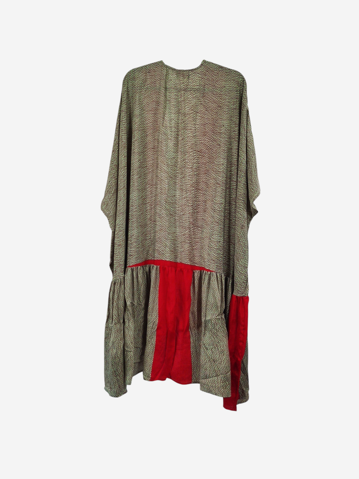 She Lives Beauty Winds of the Ancestors kimono in textured olive and red vintage Rasgulla silk with a tiered hem.