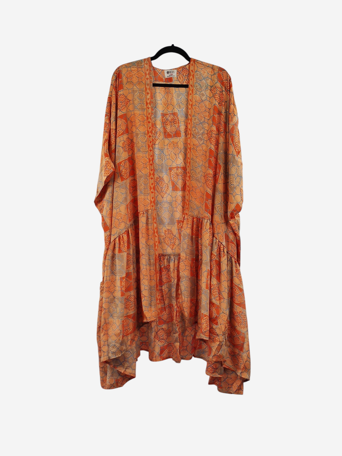 She Lives Beauty Winds of the Ancestors kimono in orange and grey vintage Rasgulla silk with a flowing silhouette