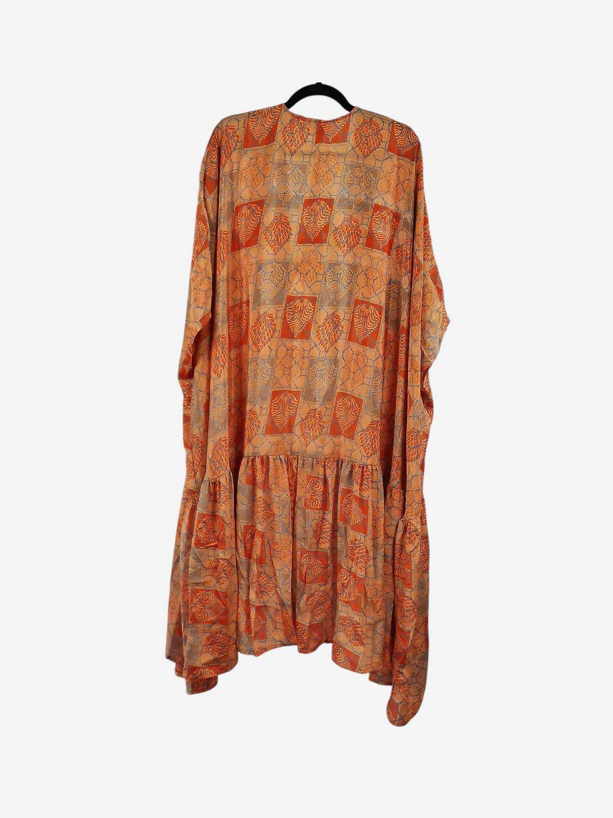She Lives Beauty Winds of the Ancestors kimono in orange and grey vintage Rasgulla silk with a drop waist silhouette.