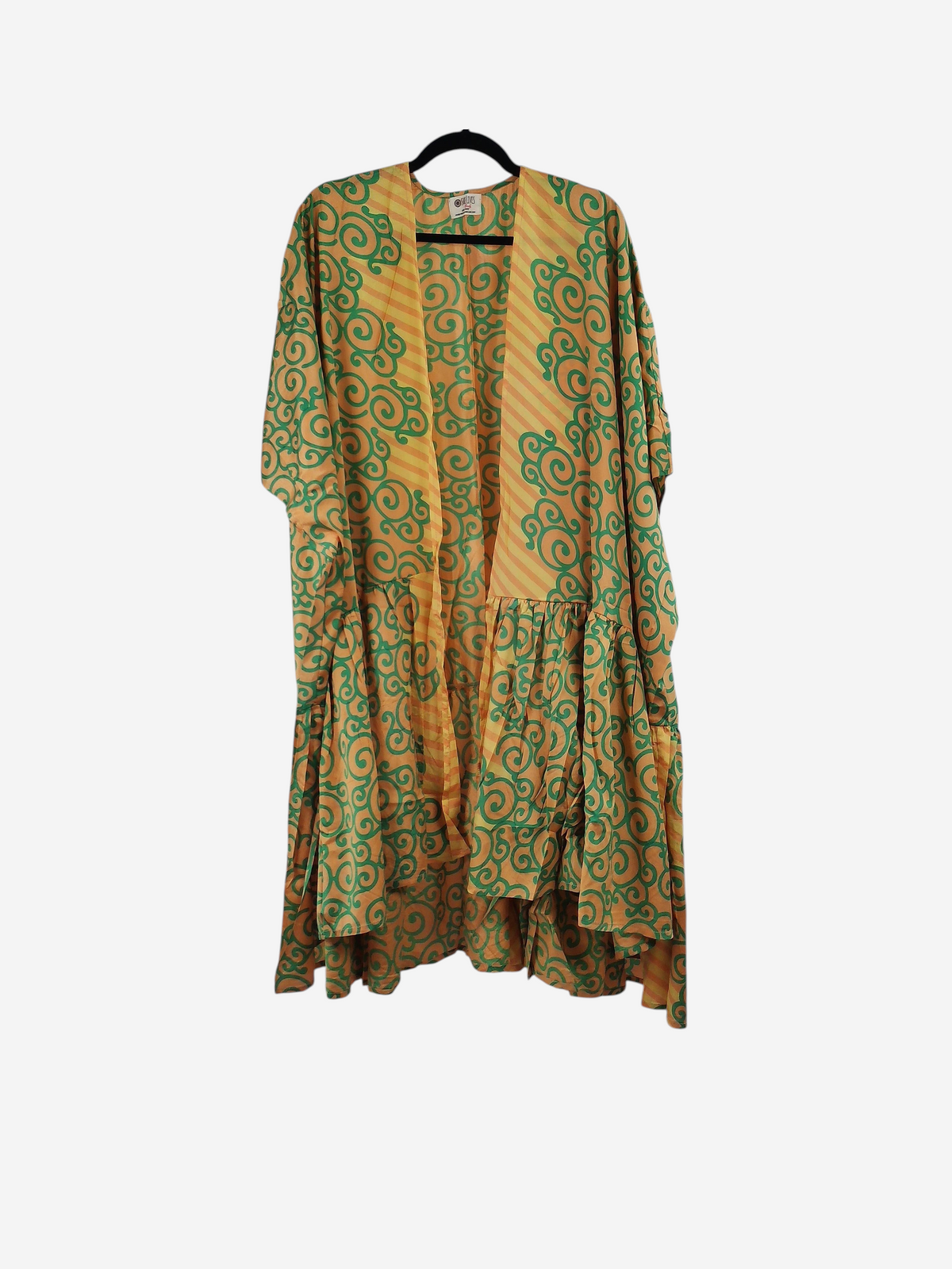 She Lives Beauty Winds of the Ancestors kimono in yellow and green vintage Rasgulla silk with a swirling pattern.