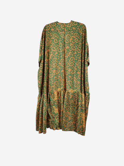 She Lives Beauty Winds of the Ancestors kimono in orange and green vintage Rasgulla silk with a swirling pattern.