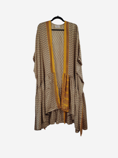 She Lives Beauty Winds of the Ancestors kimono in beige and yellow vintage Rasgulla silk with a flowing silhouette.