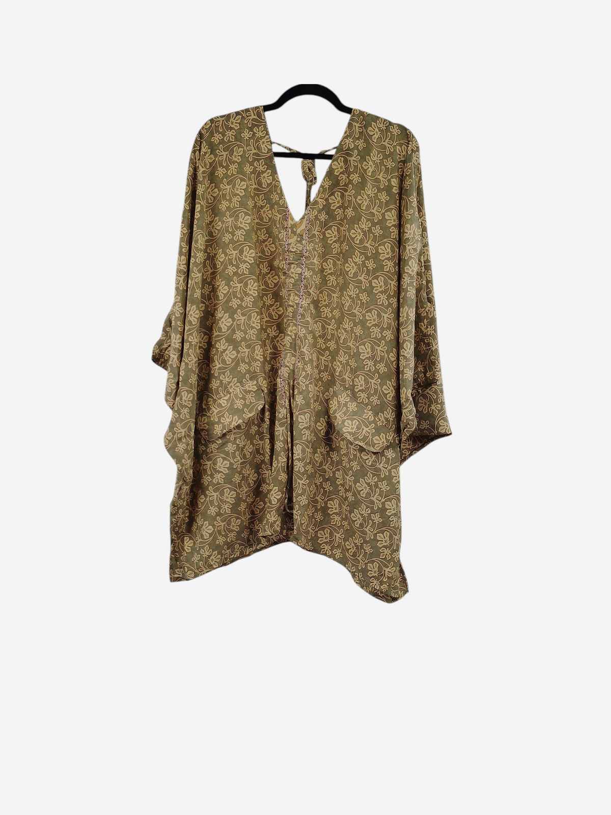 She Lives Beauty Moonflower Silk Oasis top in olive green with cream floral print, featuring a relaxed boho silhouette.