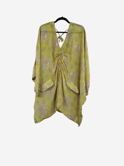 She Lives Beauty Moonflower Silk Oasis Top in yellow vintage rasgulla silk with a relaxed boho silhouette