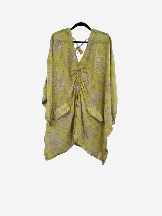 She Lives Beauty Moonflower Silk Oasis Top in yellow vintage rasgulla silk with a relaxed boho silhouette