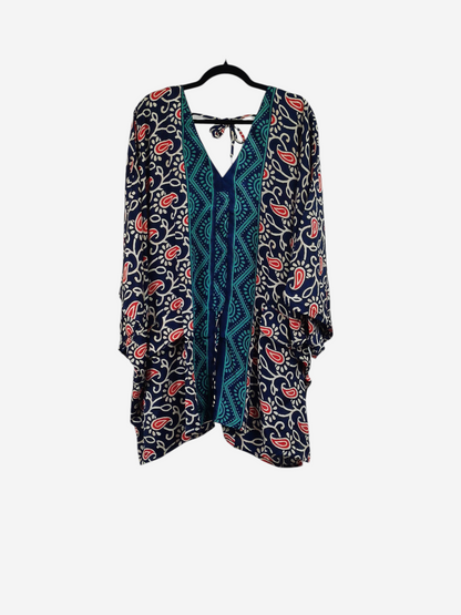 She Lives Beauty Moonflower Silk Oasis Top in navy with red and white paisley print and teal patterned trim
