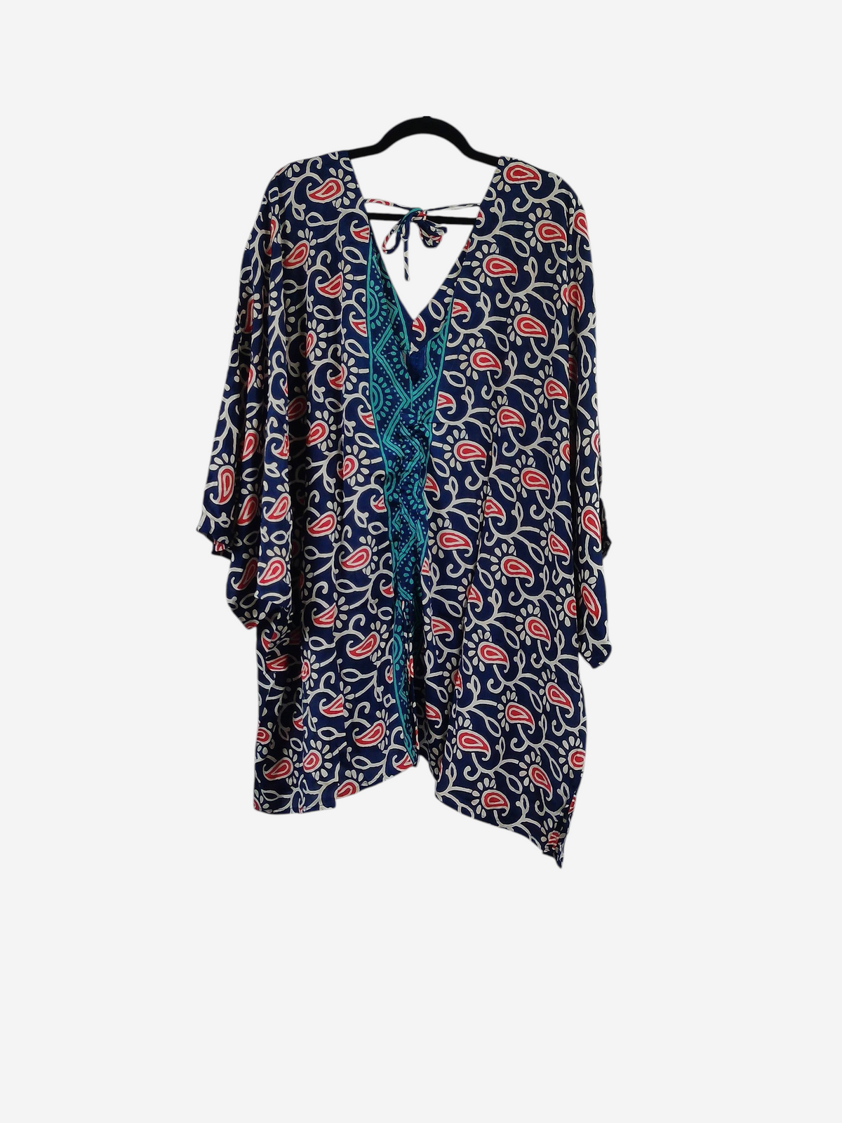 She Lives Beauty Moonflower Silk Oasis Top in navy blue with red and white paisley print and teal trim
