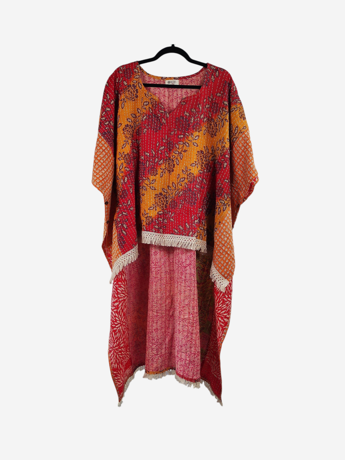 She Lives Beauty reversible kantha top in red and orange vintage cotton with fringe detailing and kantha stitching.
