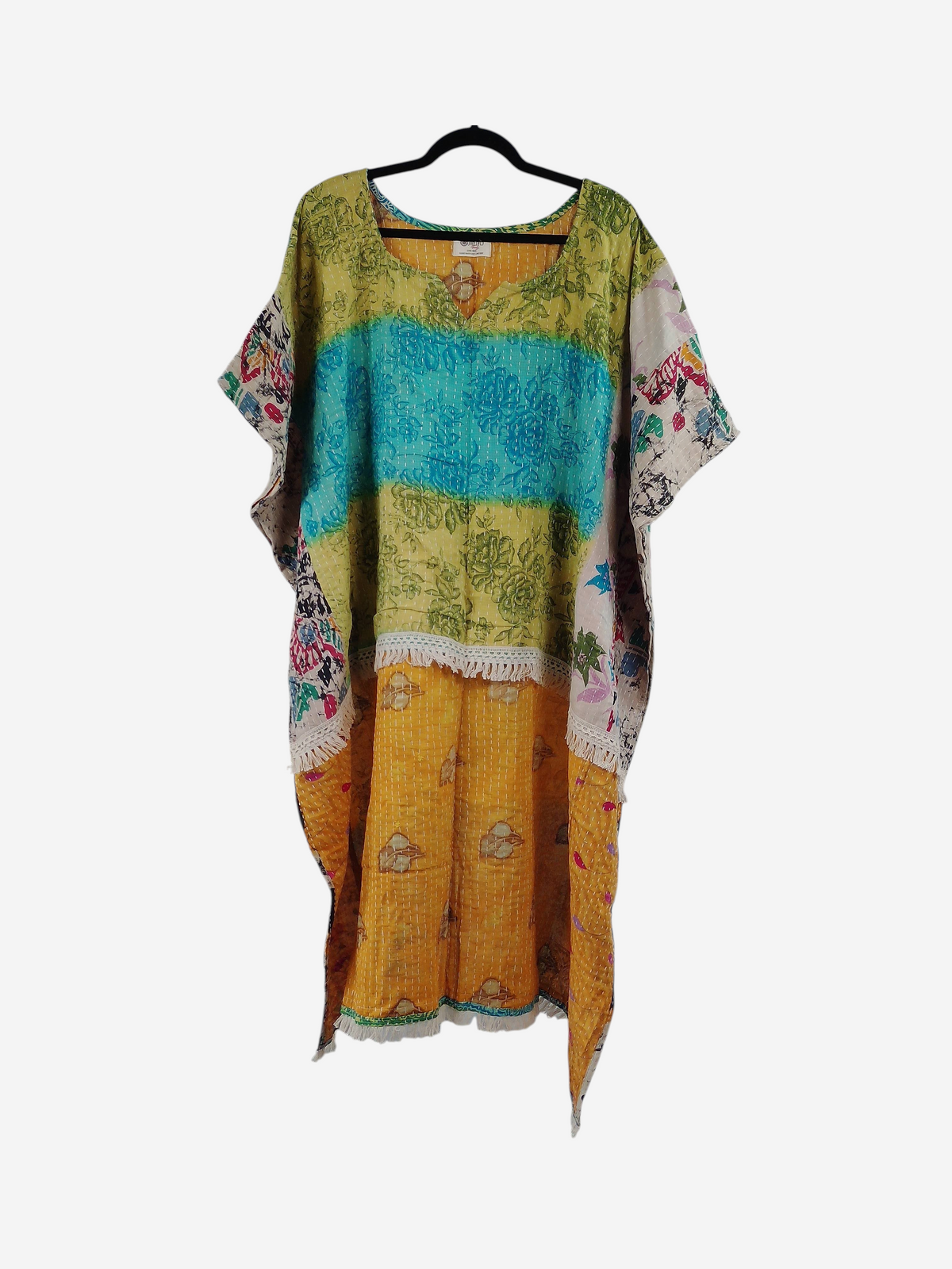 She Lives Beauty La Isla Bonita reversible kantha top in yellow, green, and blue vintage cotton with fringe detail.