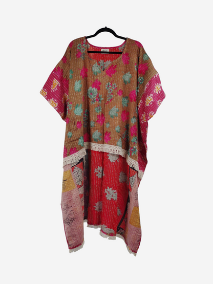 She Lives Beauty La Isla Bonita reversible kantha top in vintage cotton with floral patterns and fringe detailing.