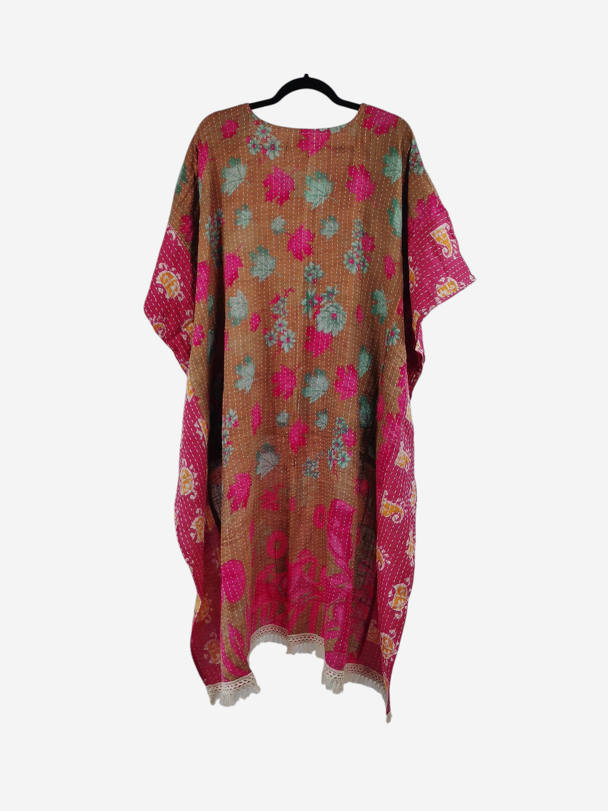 She Lives Beauty La Isla Bonita reversible kantha top in brown and pink vintage cotton with floral patterns and fringe