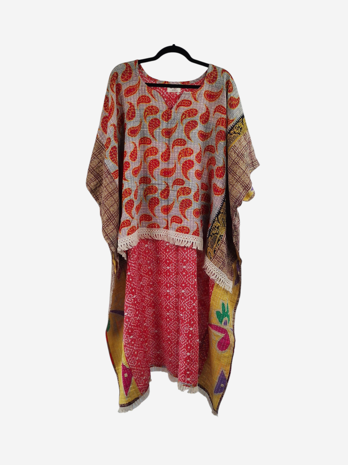 She Lives Beauty La Isla Bonita reversible kantha top made from vintage cotton with paisley patterns and fringe trim