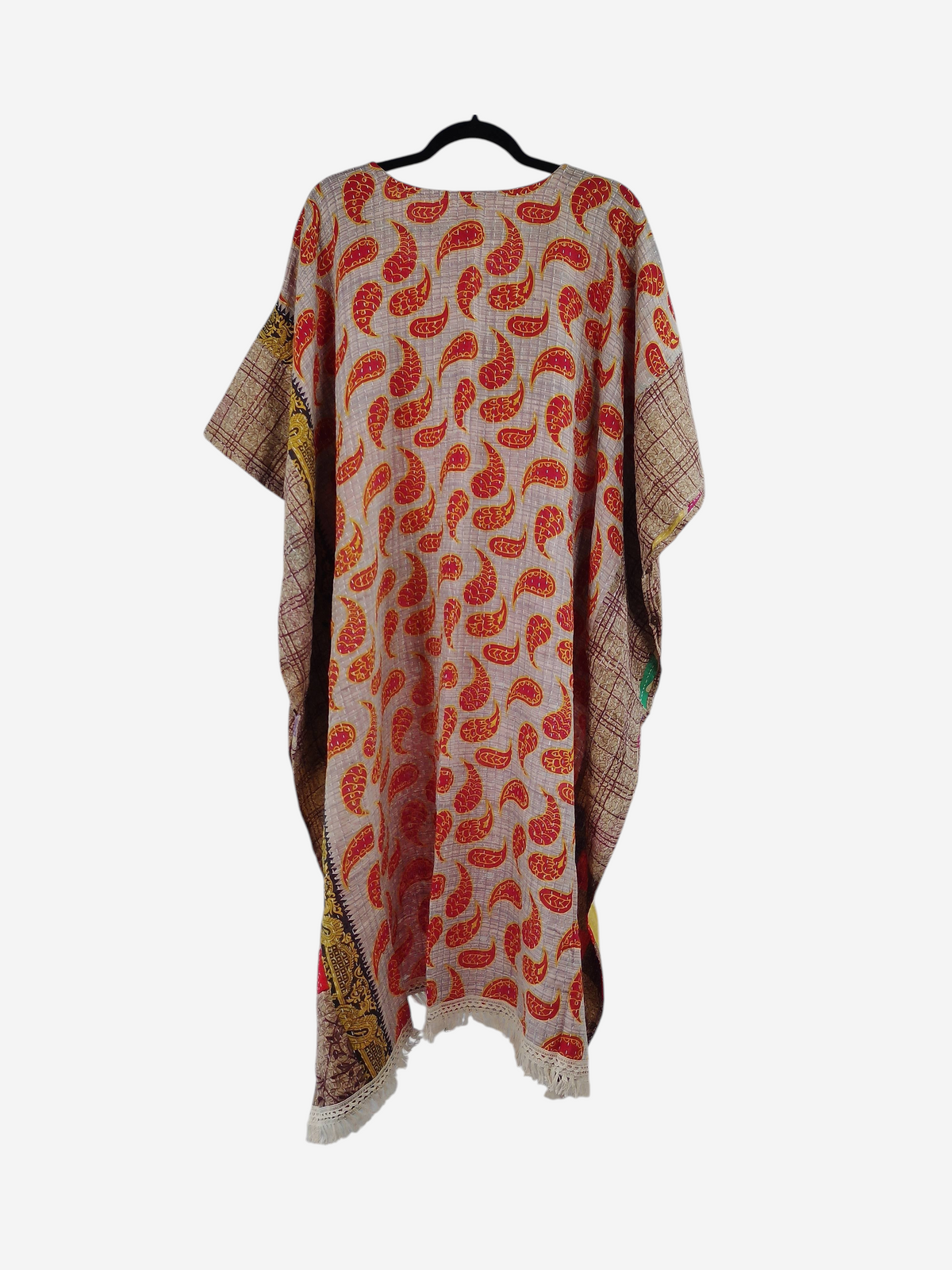 She Lives Beauty La Isla Bonita reversible kantha top in vintage cotton with red paisley print and fringe trim