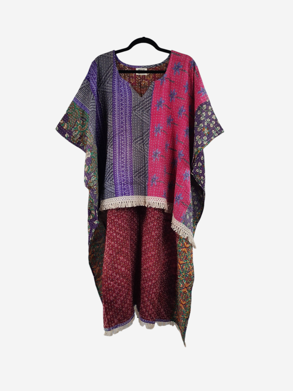 She Lives Beauty reversible kantha top made from vintage cotton saris with patchwork patterns and fringe detailing