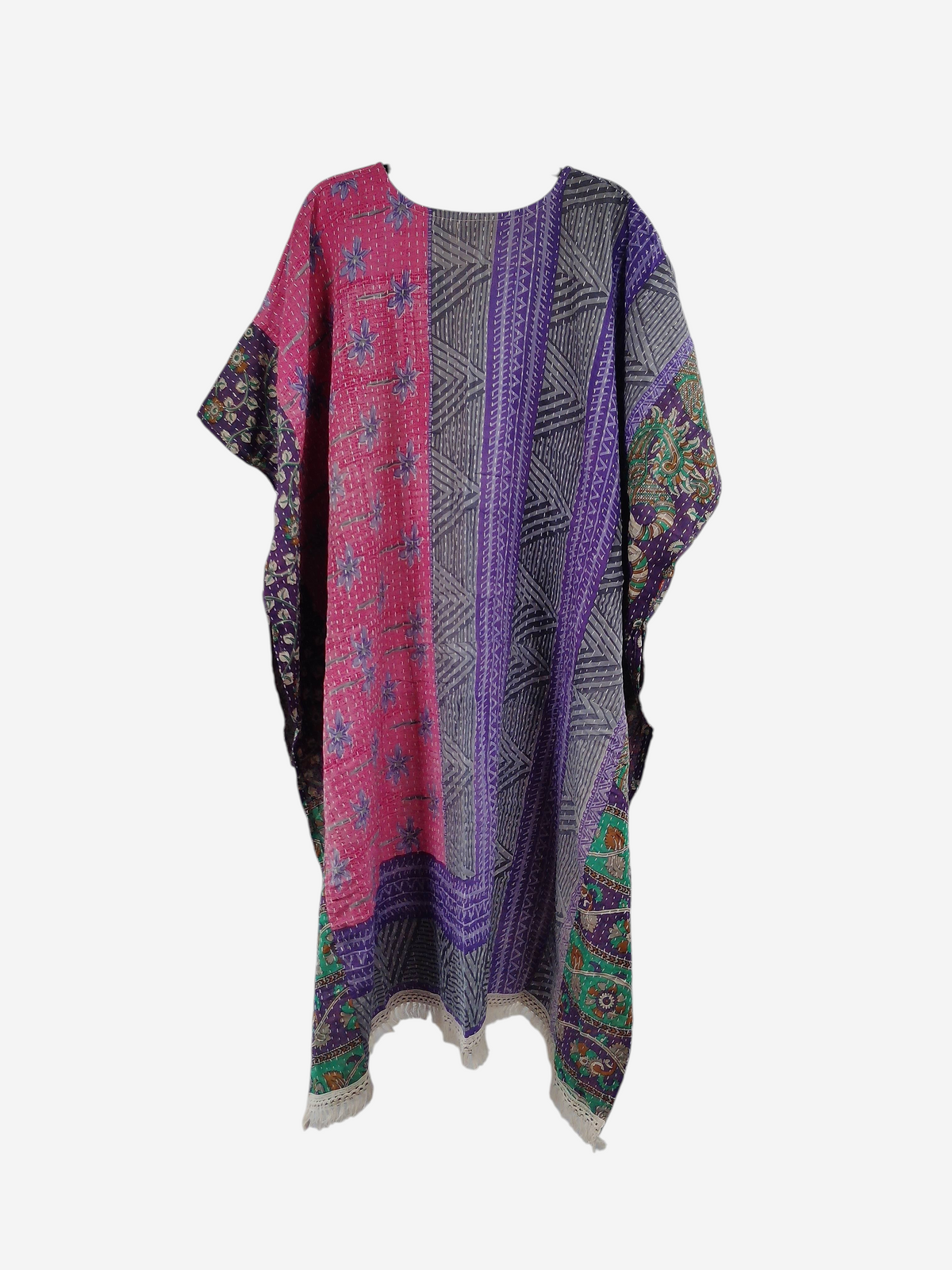 She Lives Beauty La Isla Bonita reversible kantha top in pink and purple vintage cotton with fringe detailing.