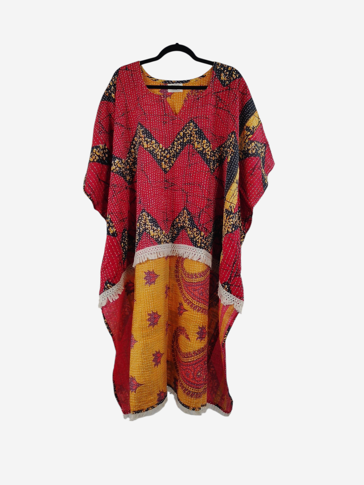 She Lives Beauty reversible La Isla Bonita kantha top in red and yellow vintage cotton with fringe detailing
