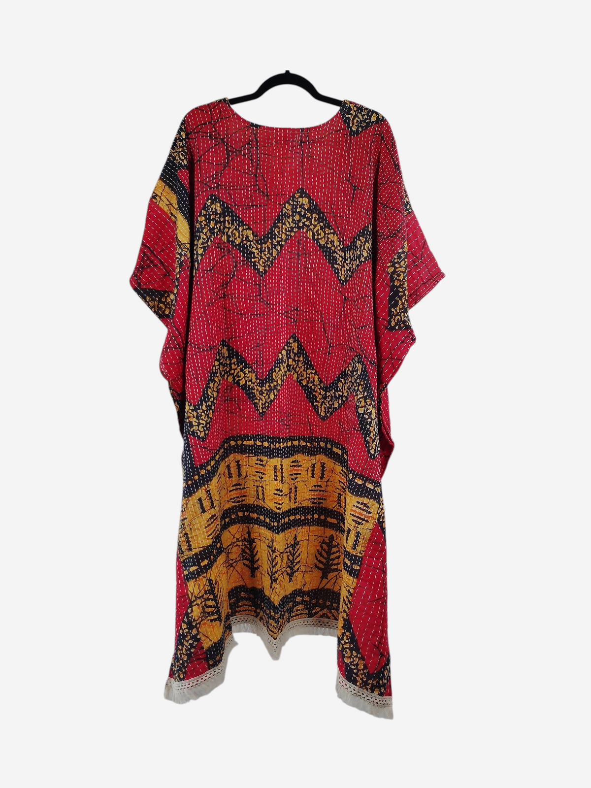 She Lives Beauty La Isla Bonita reversible kantha top in red and yellow vintage cotton with fringe detailing