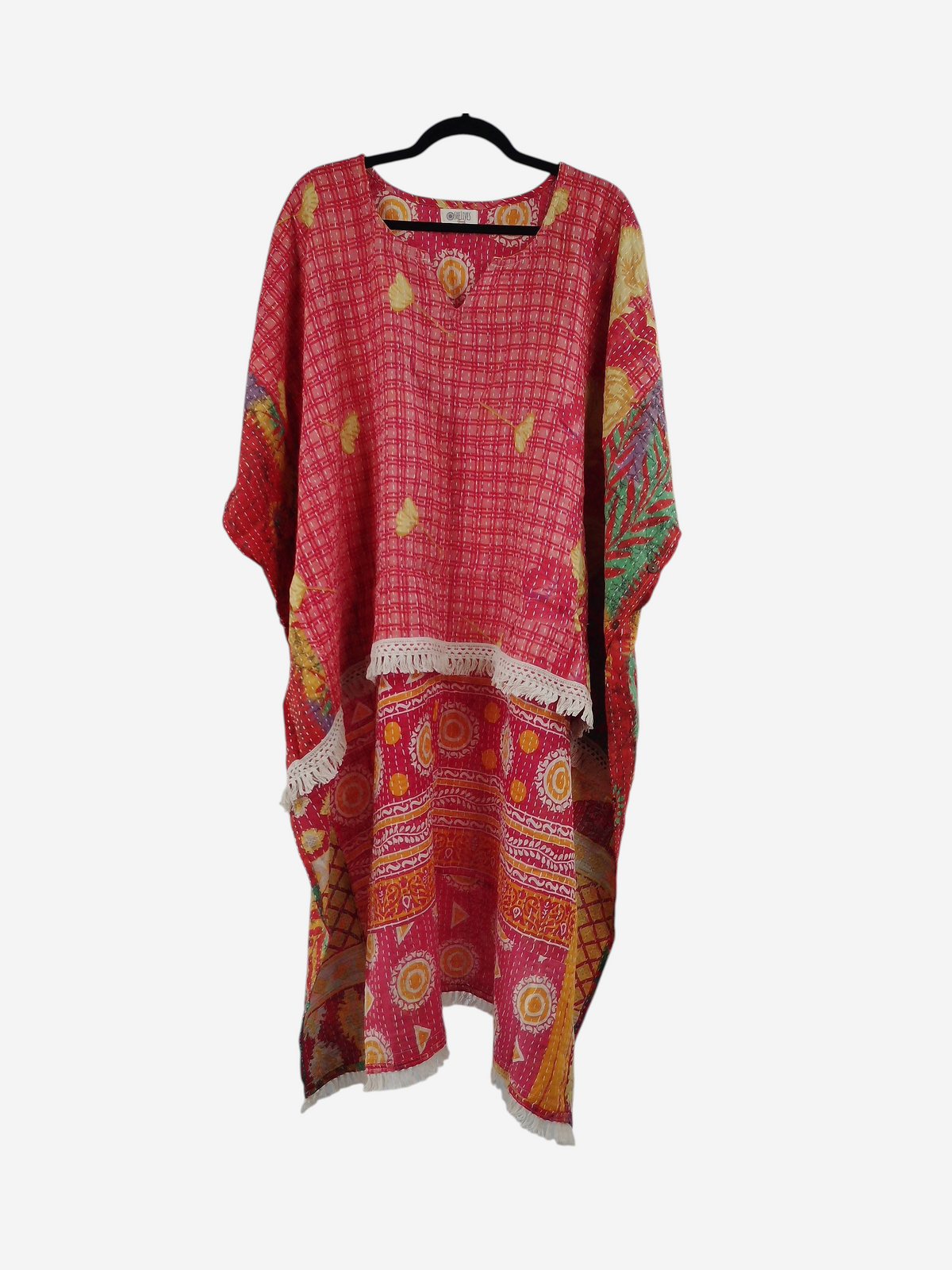 She Lives Beauty La Isla Bonita reversible kantha top in red vintage cotton with fringe and intricate stitching.
