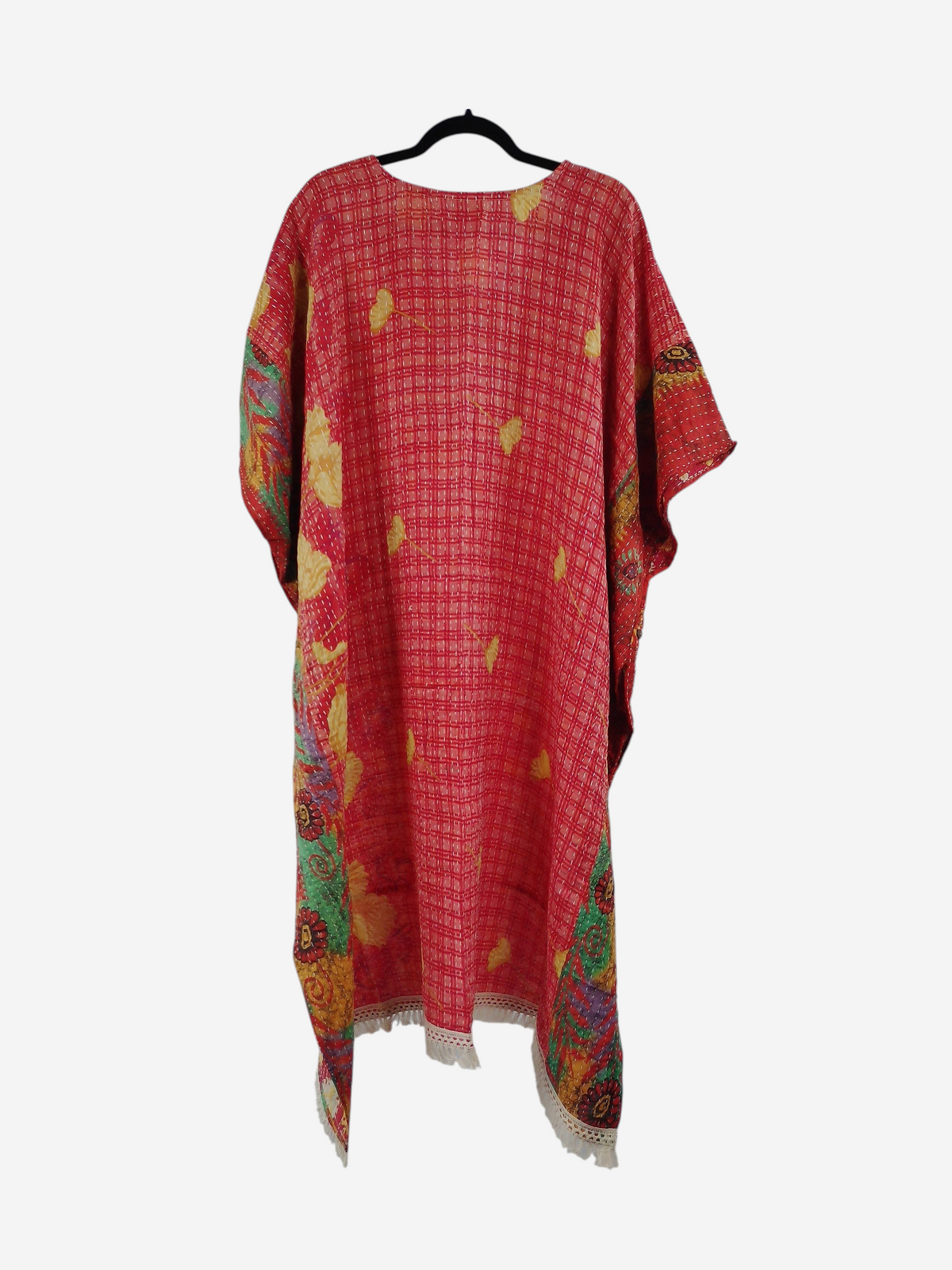 She Lives Beauty La Isla Bonita reversible kantha top in red vintage cotton with floral patterns and fringe trim