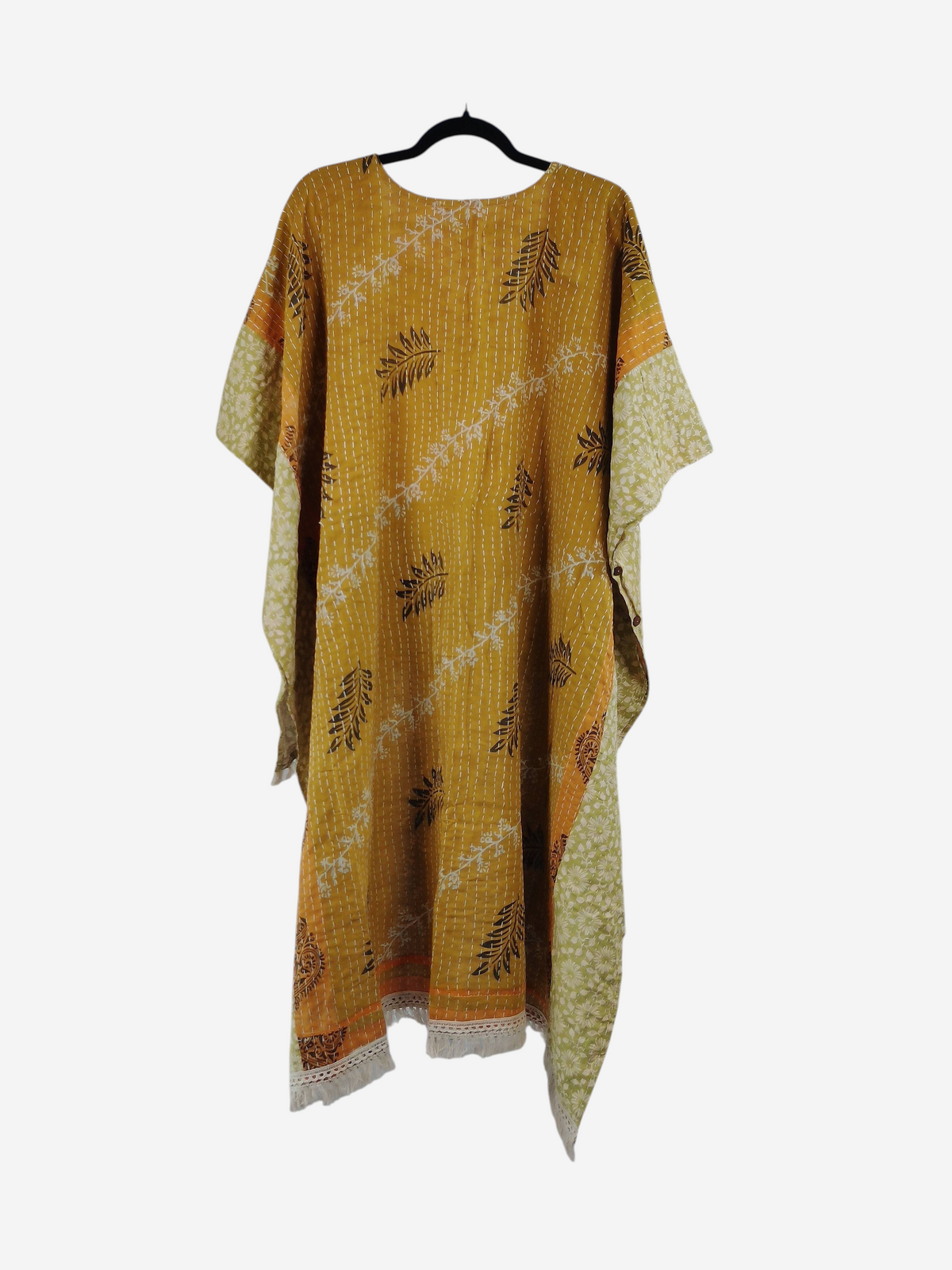 She Lives Beauty La Isla Bonita reversible kantha top in mustard yellow vintage cotton with fringe and leaf print