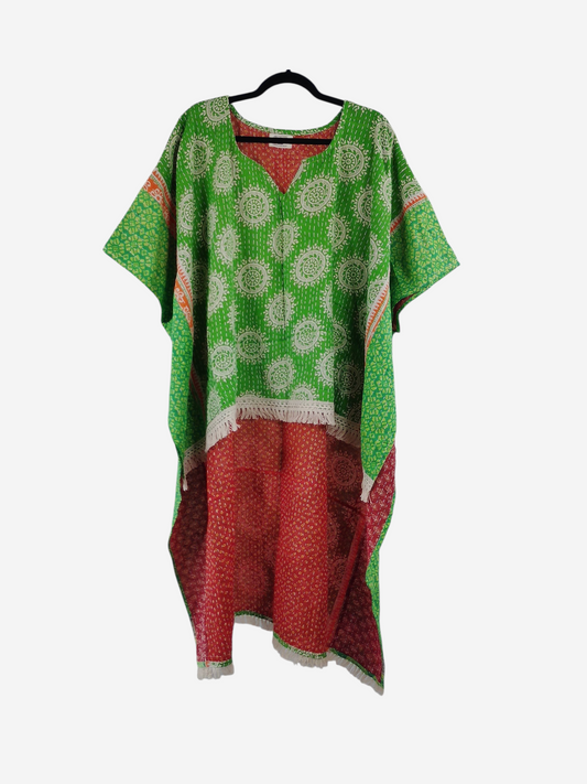 She Lives Beauty La Isla Bonita reversible kantha top in green and red vintage cotton with fringe detailing
