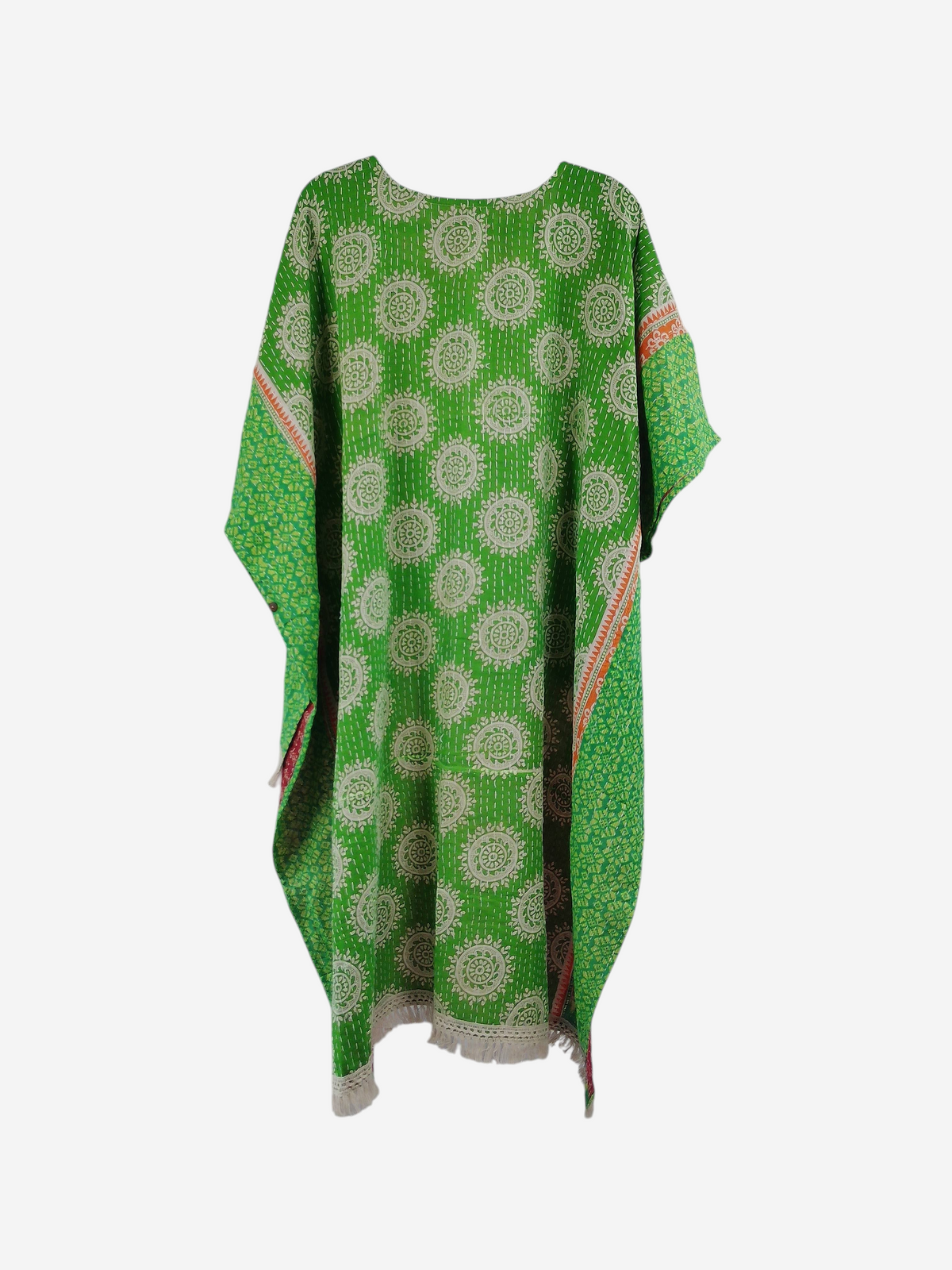 She Lives Beauty La Isla Bonita reversible kantha top in green vintage cotton with white circular patterns and fringe