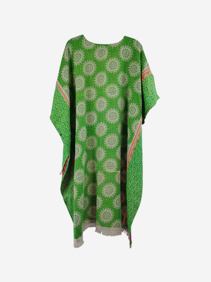 She Lives Beauty La Isla Bonita reversible kantha top in green vintage cotton with white circular patterns and fringe
