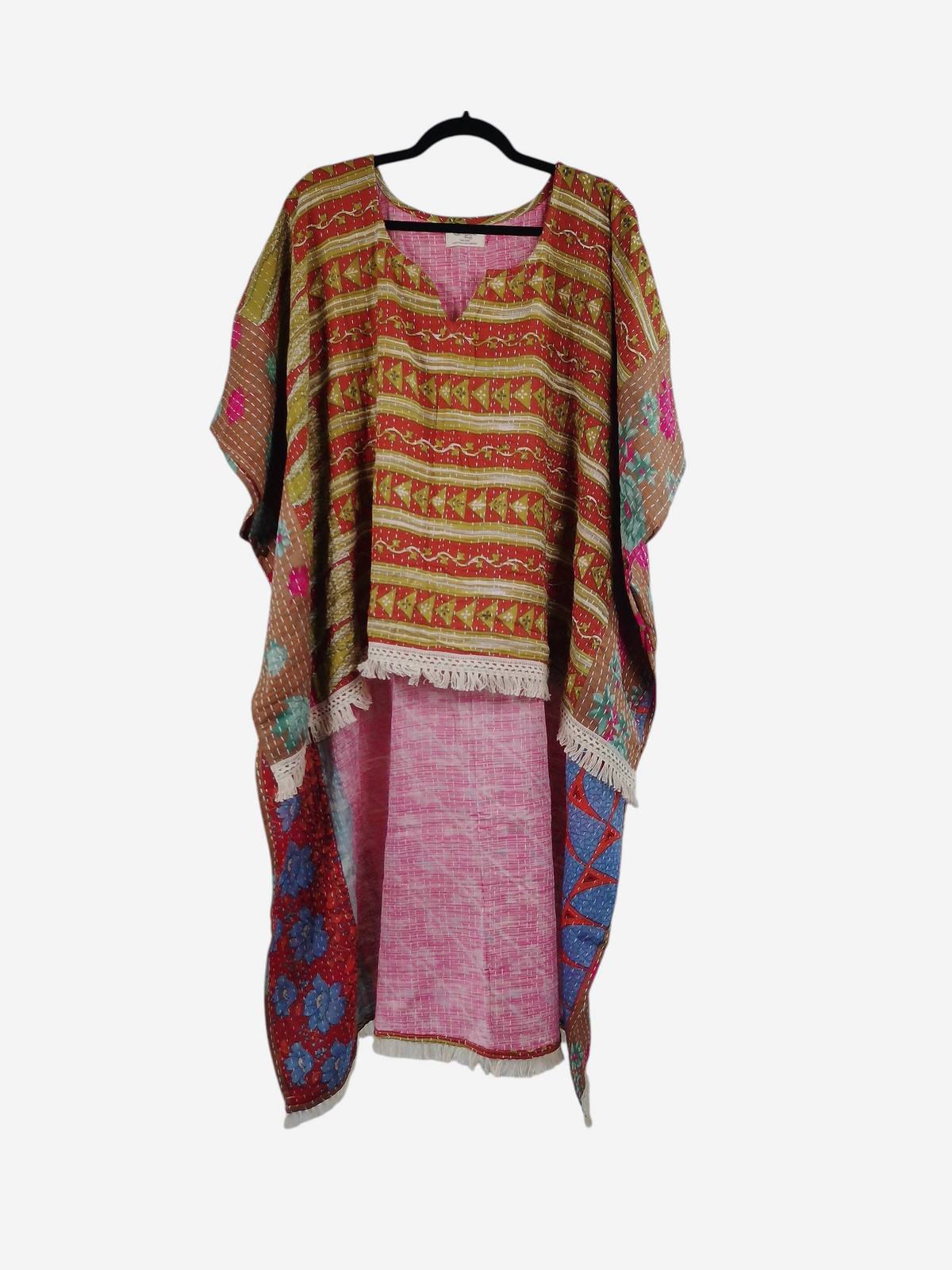 She Lives Beauty La Isla Bonita reversible kantha top in vintage cotton with fringe trim and colorful patterns.