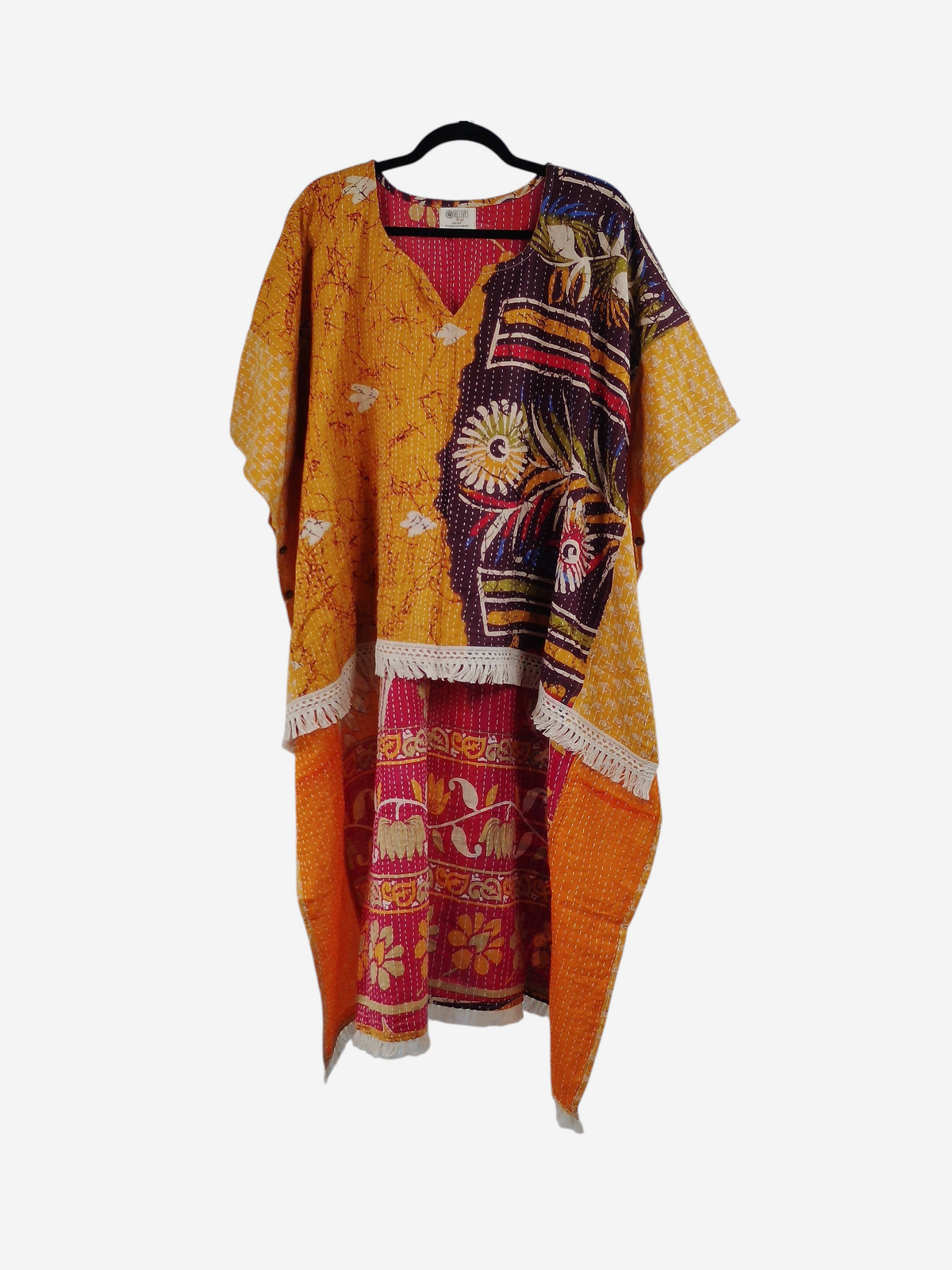 She Lives Beauty reversible kantha top in yellow and pink vintage cotton with floral patterns and fringe trim