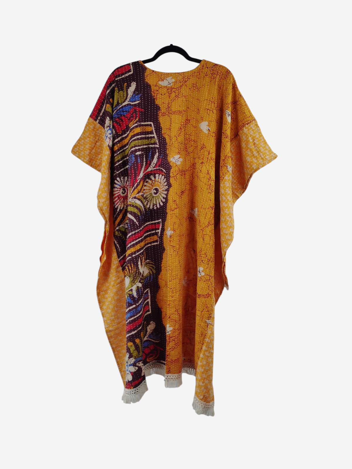 She Lives Beauty La Isla Bonita reversible kantha top in yellow vintage cotton with floral patterns and fringe trim