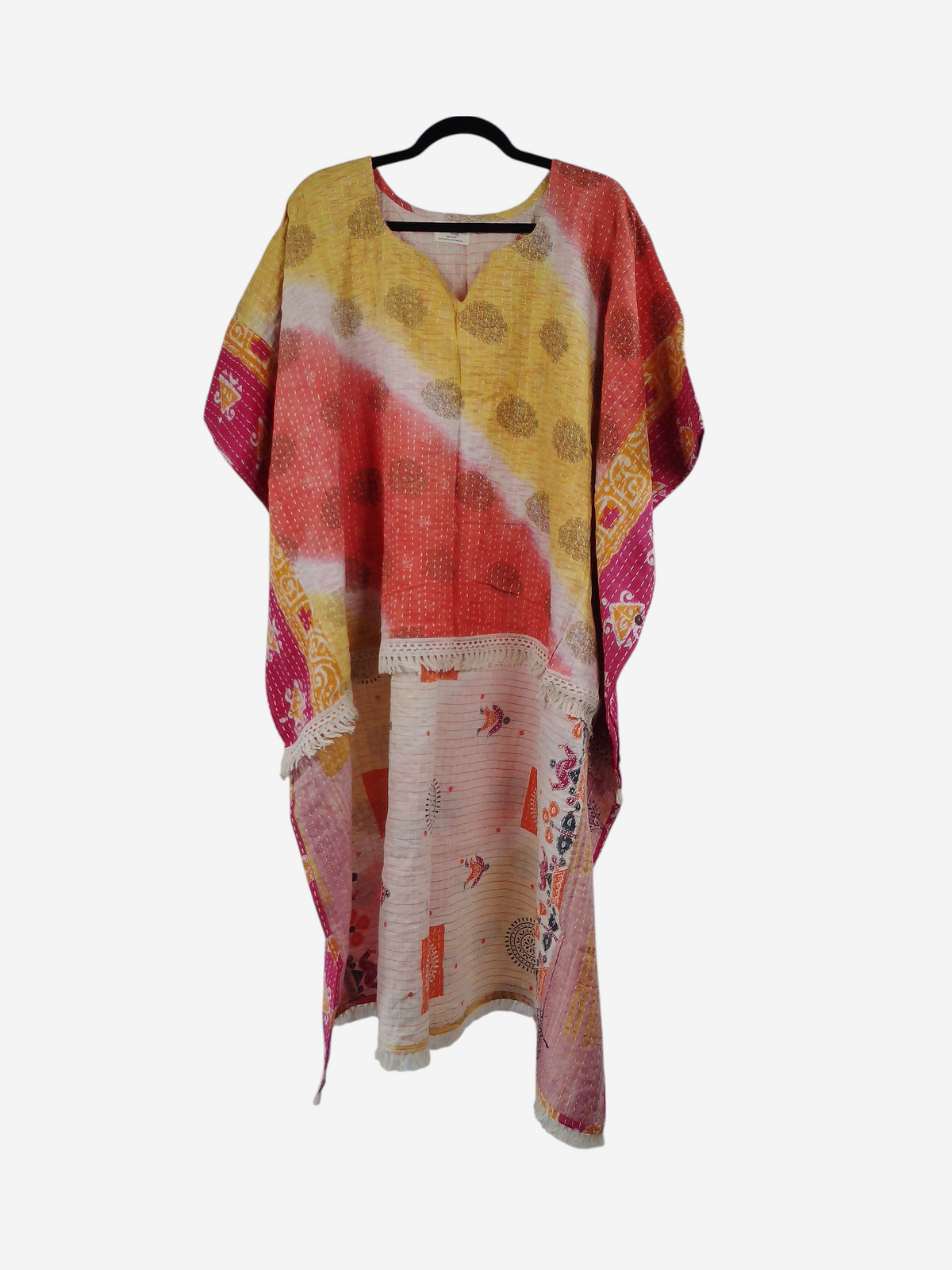 She Lives Beauty La Isla Bonita reversible kantha top in yellow and pink vintage cotton with fringe detailing