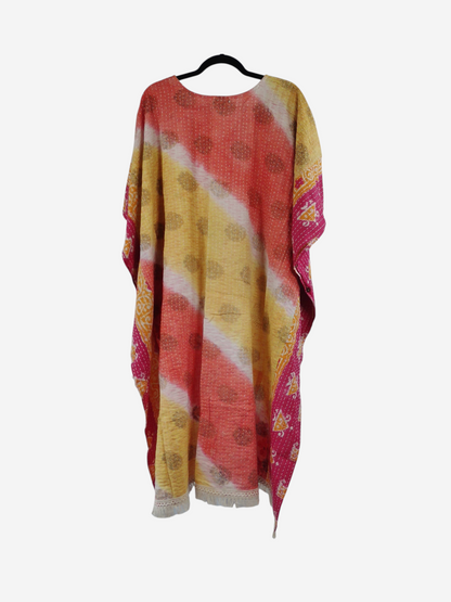 She Lives Beauty La Isla Bonita reversible kantha top in vibrant yellow and pink vintage cotton with fringe detail