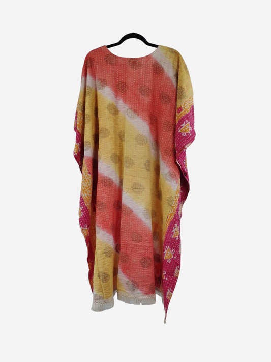 She Lives Beauty La Isla Bonita reversible kantha top in vibrant yellow and pink vintage cotton with fringe detail