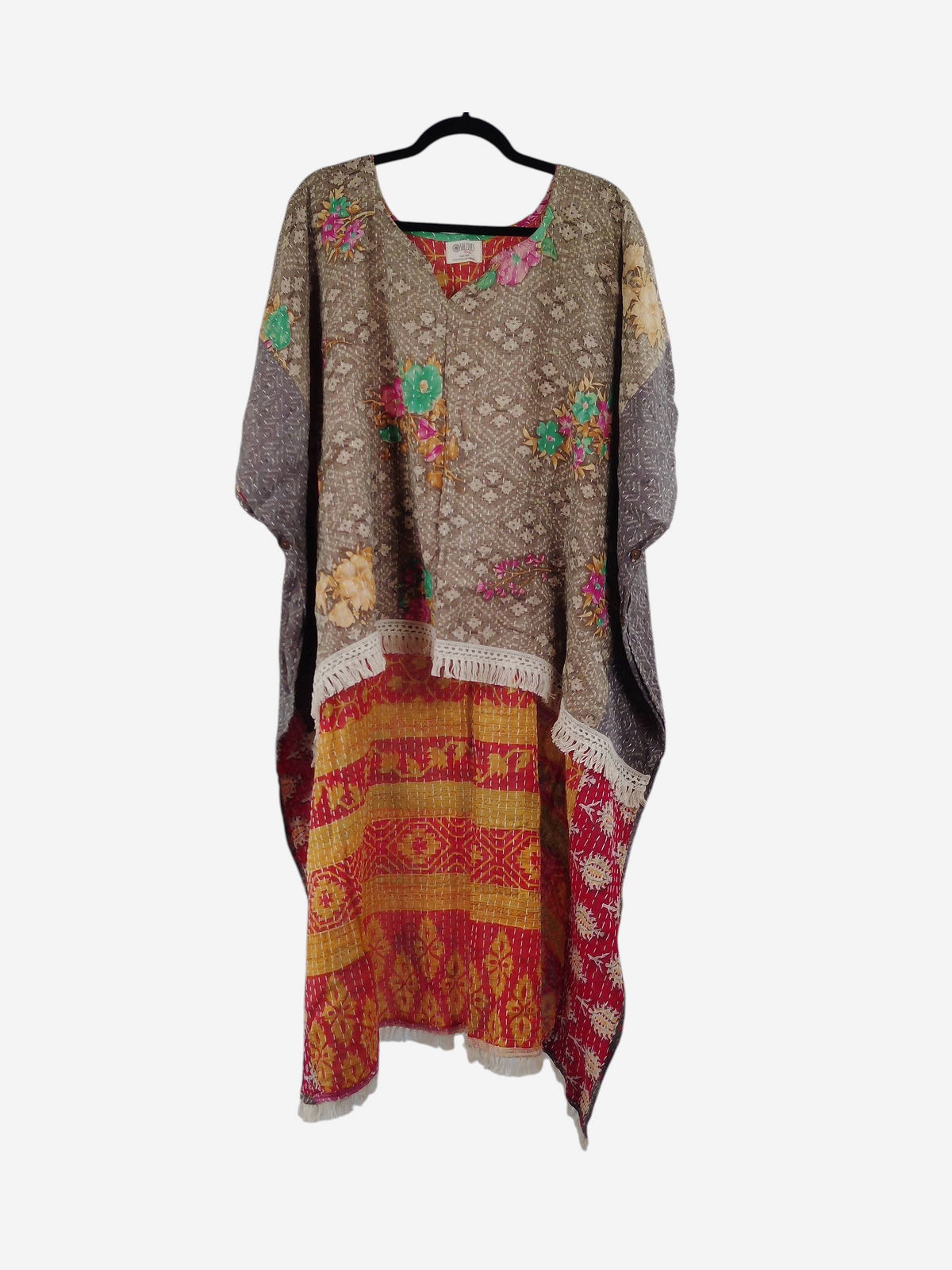 She Lives Beauty reversible Kantha top made from vintage cotton saris with floral patterns and fringe detailing