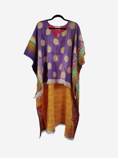 She Lives Beauty La Isla Bonita reversible kantha top in purple and orange vintage cotton with fringe detailing